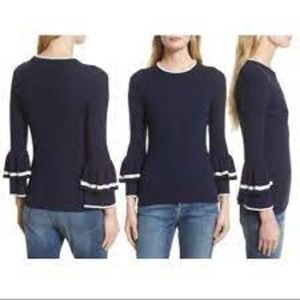 Frame Navy ribbed wool blend double ruffle sleeve sweater